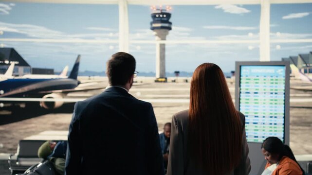 Executive colleagues side by side in airport prepares for business trip, working and traveling together for international business. Walking to the gate with luggage and passports, corporate travel.