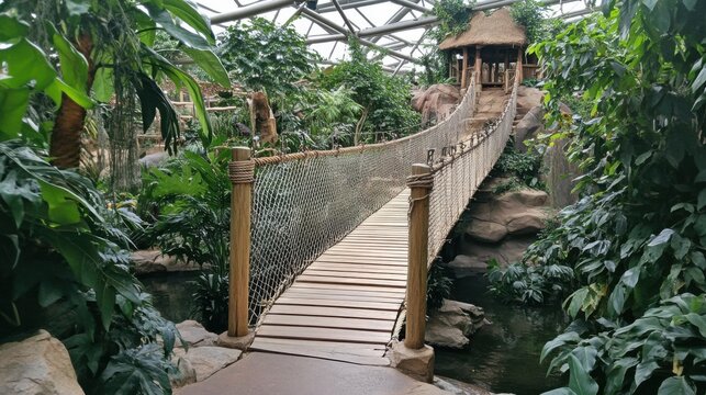 Wooden Suspension Bridge in Zoo Rainforest Exhibit