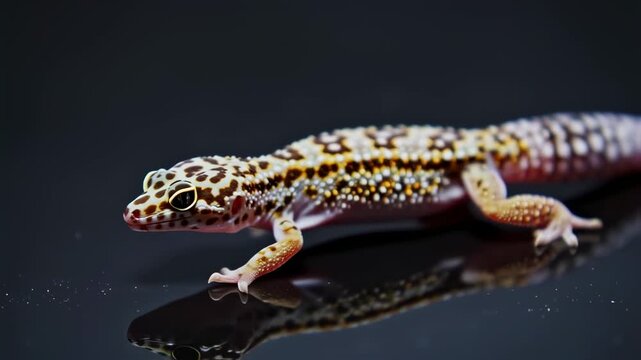 Close-up of a leopard gecko with speckled pattern on dark background