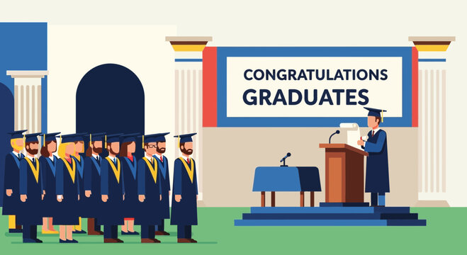 Graduates in caps and gowns standing.