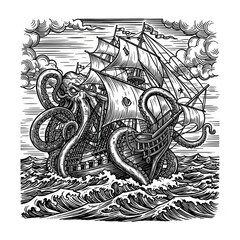 Naklejka premium Massive sea creature with numerous tentacles assaults a tall sailing ship on turbulent ocean waves in a dramatic illustration