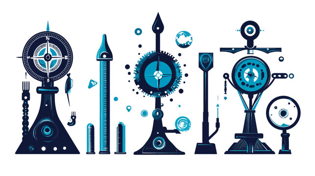 Abstract digital illustration with several steampunk-esque, navigation-themed devices. Various shapes and colors