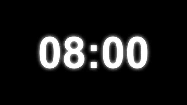 13 minutes digital countdown animation displays a timer counting down minutes and seconds. Perfect for presentation pauses. HUD user interface with technology stopwatch digital countdown.