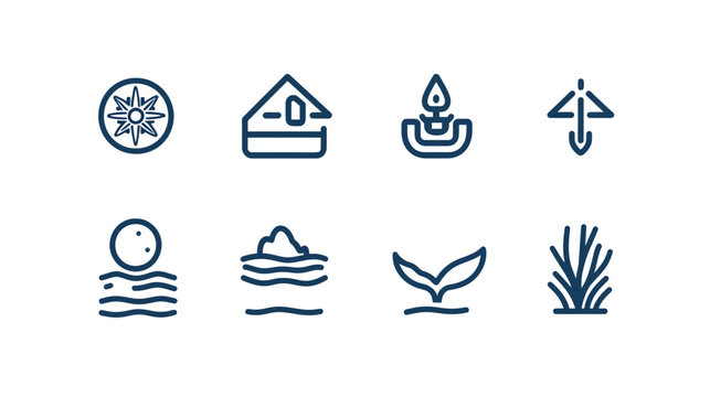 Eight simple, navy blue outline icons depicting a compass, house, candle, arrow, waves, iceberg, whale tail, and grass