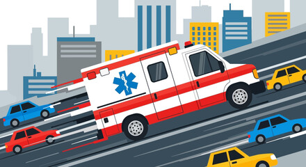 Fototapeta premium Ambulance speeding on urban street with city buildings