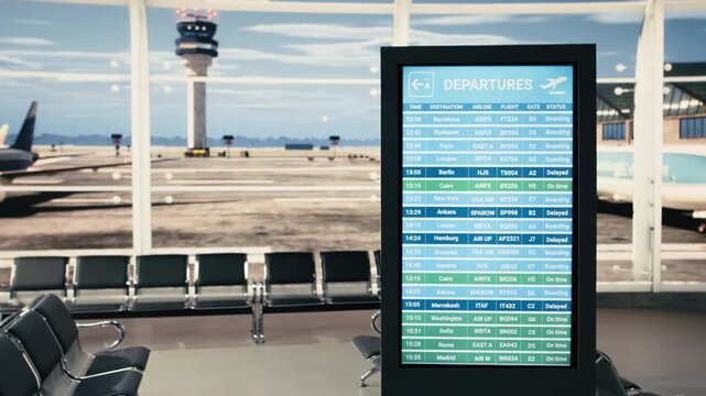 Empty airport departure lounge with digital screen displaying flight information, boarding times and gate numbers. Rows of seats with no people create quiet travel scene in modern waiting area.