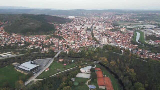 High aerial panorama of Prokuplje town in soyhern Serbia, Balkans.