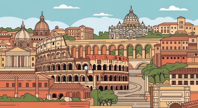 Romes Iconic Landmarks - A Vibrant Cityscape Illustration.