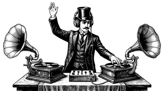 Vintage gentleman dj mixing music with gramophones and headphones