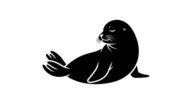 Peaceful Seal Silhouette Resting and Looking Calm on Isolated White Background