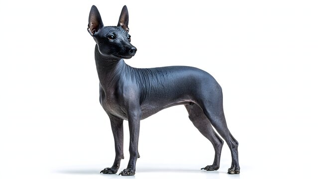 A striking Xoloitzcuintli dog, also known as the Mexican Hairless Dog, stands proudly against a clean white background.