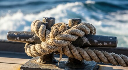 Fototapeta premium Rope Knot Securing a Boat to a Cleat on the Water.
