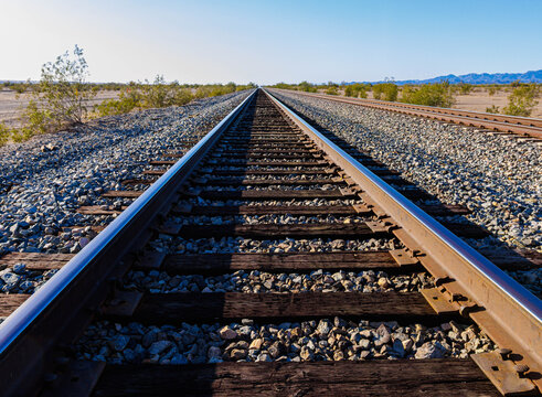 Point of View Between Railroad Tracks, North Algodones Dunes Road, Imperial Sand Dunes National Recreation Area, California, USA