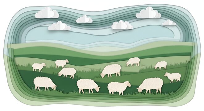 Sheep Grazing in Green Rolling Hills.