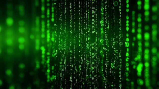 Green digital code rain falling vertically on a dark background, evoking a futuristic and cyberpunk atmosphere. Abstract matrix inspired binary data stream visual for technology concepts