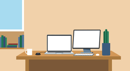 Naklejka premium Modern flat design illustration of cozy home office desk with laptop computer and plant.
