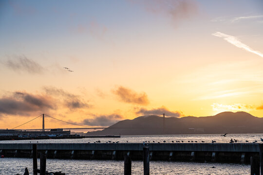 View of San francisco bay with Golden gate bridge at sunset from Pier 39, San Francisco.
