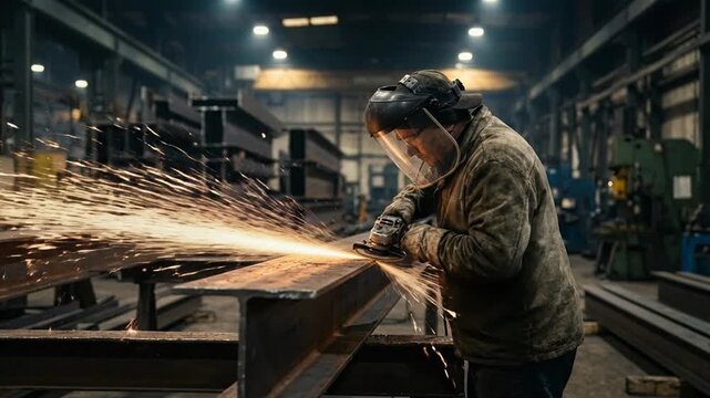 An industrial worker grinds a metal beam, generating bright sparks in a dynamic, high-contrast factory shot.