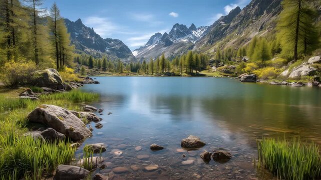春の若葉と山野草が映り込む高原湖の静かな景色