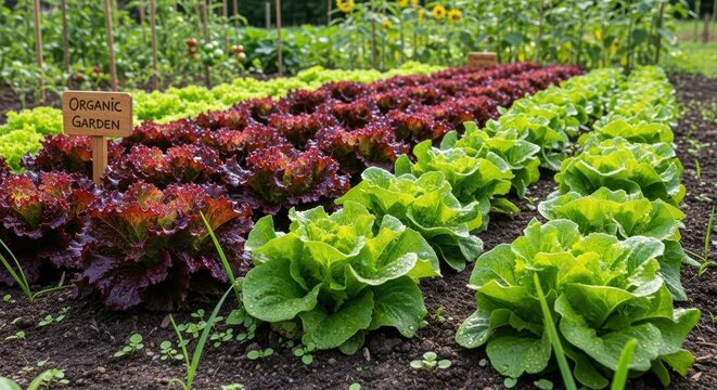 Rows of vibrant lettuce growing in a garden.