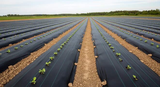 Rows of young plants growing in a field covered with plastic mulch.