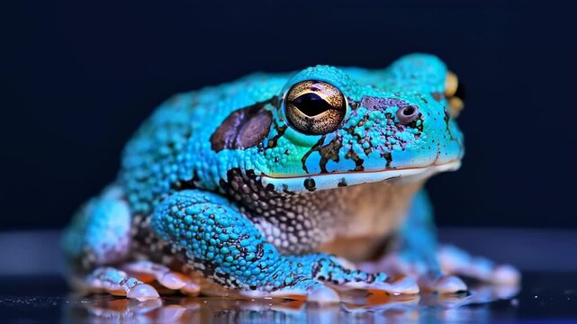 Close-up of a vibrant blue and speckled frog