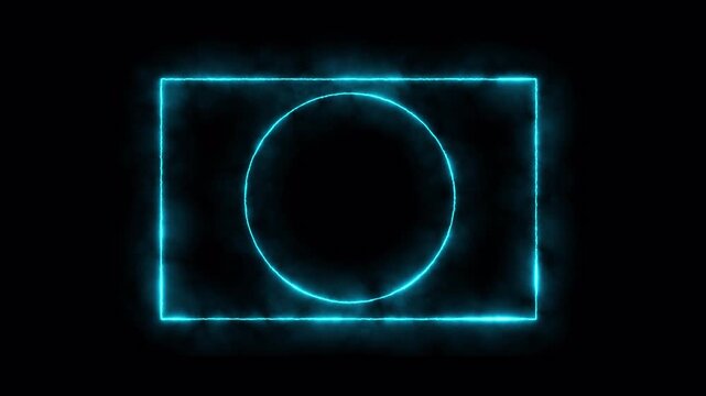 Cyan neon glowing rectangle frame with circular ring, smooth saber effect light energy on dark background, 4K video