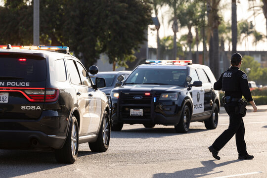 Fullerton, California, USA - March 16, 2026: Fullerton Police Officer units respond to the scene of an accident.