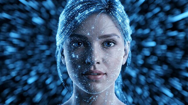 Digital AI Humanoid Face formed by Glowing Blue Energy Particles