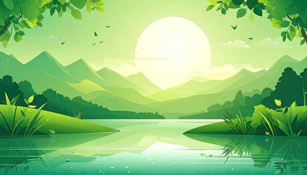 A serene landscape depicting a sunlit lake scene with mountains, lush foliage, and a bright sky