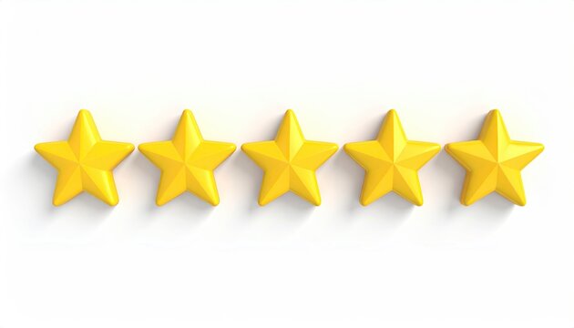 A row of five shiny, gold stars on a white background, representing quality and approval