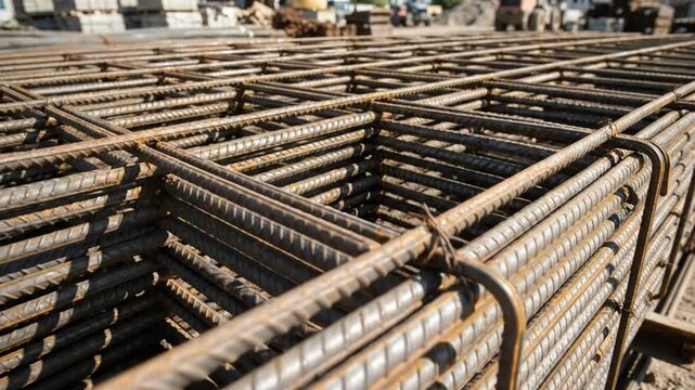 Close-up of rusty steel rebar grids forming a strong structural foundation at a construction site.