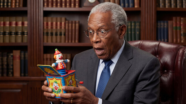 April Fools Day senior businessman jack in the box toy surprised office humor corporate celebration professional funny moment elderly executive