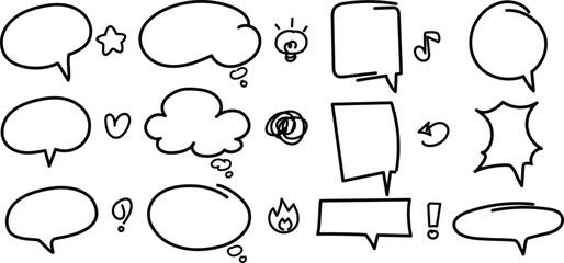 Fototapeta premium A versatile collection of hand-drawn speech bubbles, thought clouds, and cute comic doodle icons in a minimal black outline style.