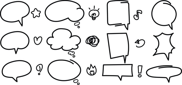 A versatile collection of hand-drawn speech bubbles, thought clouds, and cute comic doodle icons in a minimal black outline style.