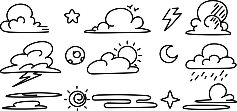 A collection of diverse hand-drawn cloud doodles and weather icons in a minimalist vector style, with a black sketchy outline on a white background.