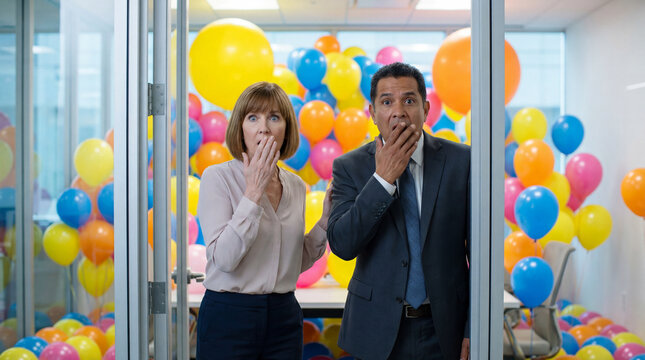 April Fools Day office prank balloons meeting room surprised coworkers employees workplace humor corporate celebration funny moment professional reaction