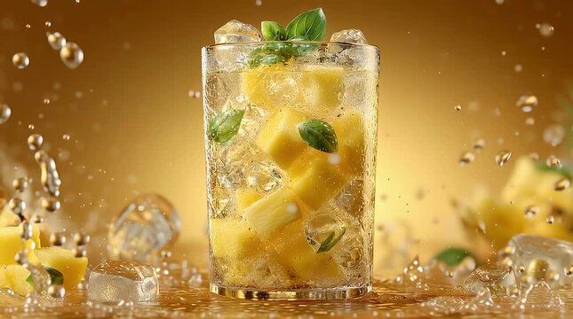 Refreshing Tropical Beverage with Pineapple and Fresh Basil Splashing Up