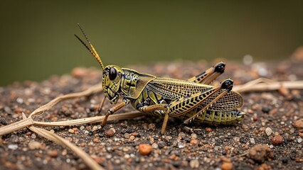 Fototapeta premium Detailed macro photograph capturing a grasshopper perched on rocky ground, highlighting its intricate anatomy and textured exoskeleton against a soft, blurred backdrop