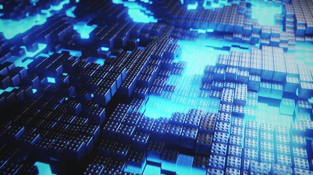 Abstract technology background of  Dice Cube box data network idea concept technology with blue neon lighting. 3D animation. 4K.