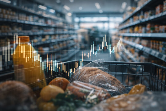 AI generated supermarket aisle with shopping cart and food items overlaid with financial chart representing price trends inflation consumer spending and retail analytics in modern economy