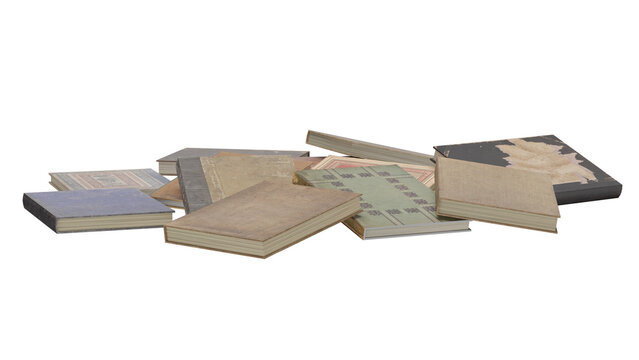 Old books scattered on a flat surface in a 3D rendering scene during an indoor setting