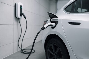 Fototapeta premium Modern electric car charging in garage featuring advanced charging station technology. concept of sustainable transportation, eco-friendly vehicle, energy efficiency