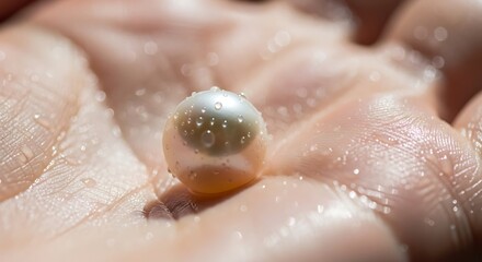Single pearl with water droplets resting in human palm