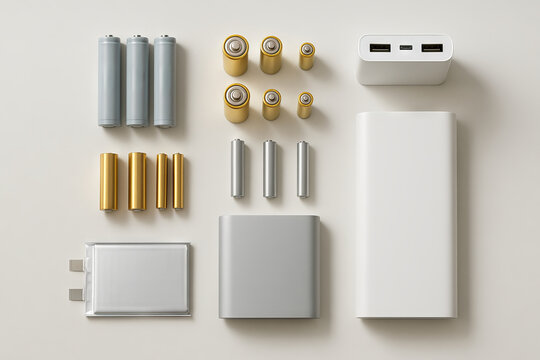 various batteries and power banks arranged on a light background. concept of energy storage, electronic devices, modern technology