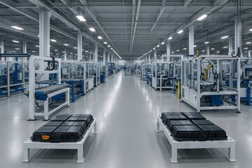 Fototapeta premium Modern ev battery factory machinery and equipment inside high-tech industrial facility. concept of advanced manufacturing, clean energy production, sustainable technology