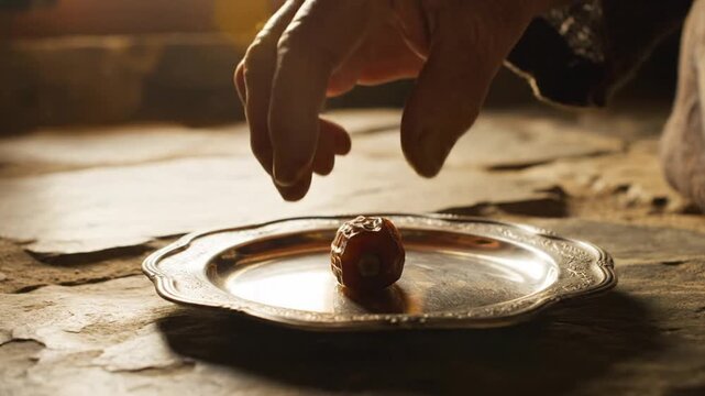 Aged hand holds small fruit above an empty silver plate