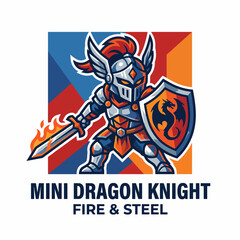 Fototapeta premium A fierce mini dragon knight in shining armor, wielding a sword and shield, symbolizes bravery and adventure, making it ideal for fantasy gaming or merchandise branding.