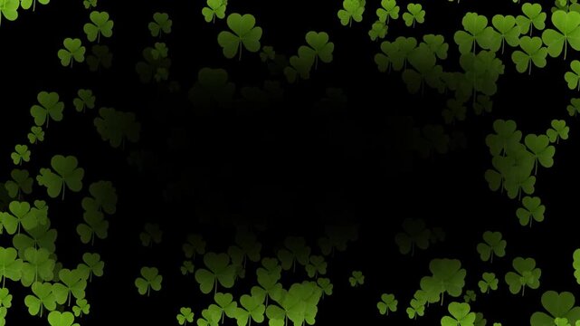 Fresh green clover leaves frame black background with water drops, Green clover leaves adorned with sparkling elements.
Clover leaf particles forming a border for a green background.
