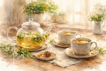 Fototapeta premium Watercolor tea set with herbal infusion and honey on rustic table surrounded by chamomile flowers. concept of cozy kitchen decor, herbal tea, relaxation.